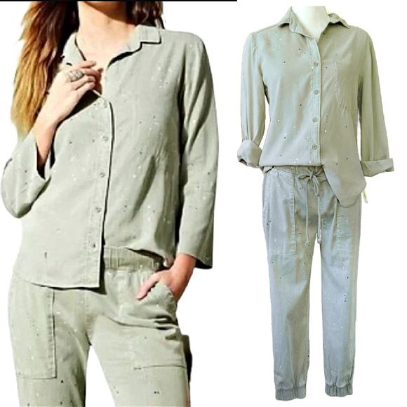 NEW Cloth & Stone Paint Splatter Jogger Pants S & Button Down Top XS Set Sage - Picture 1 of 13